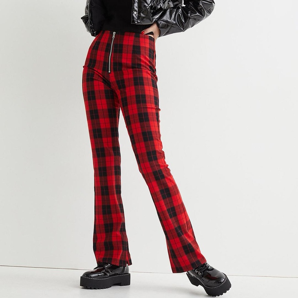 H&M Flared Checked Pants - Red & Black - Size: 0 - NWT